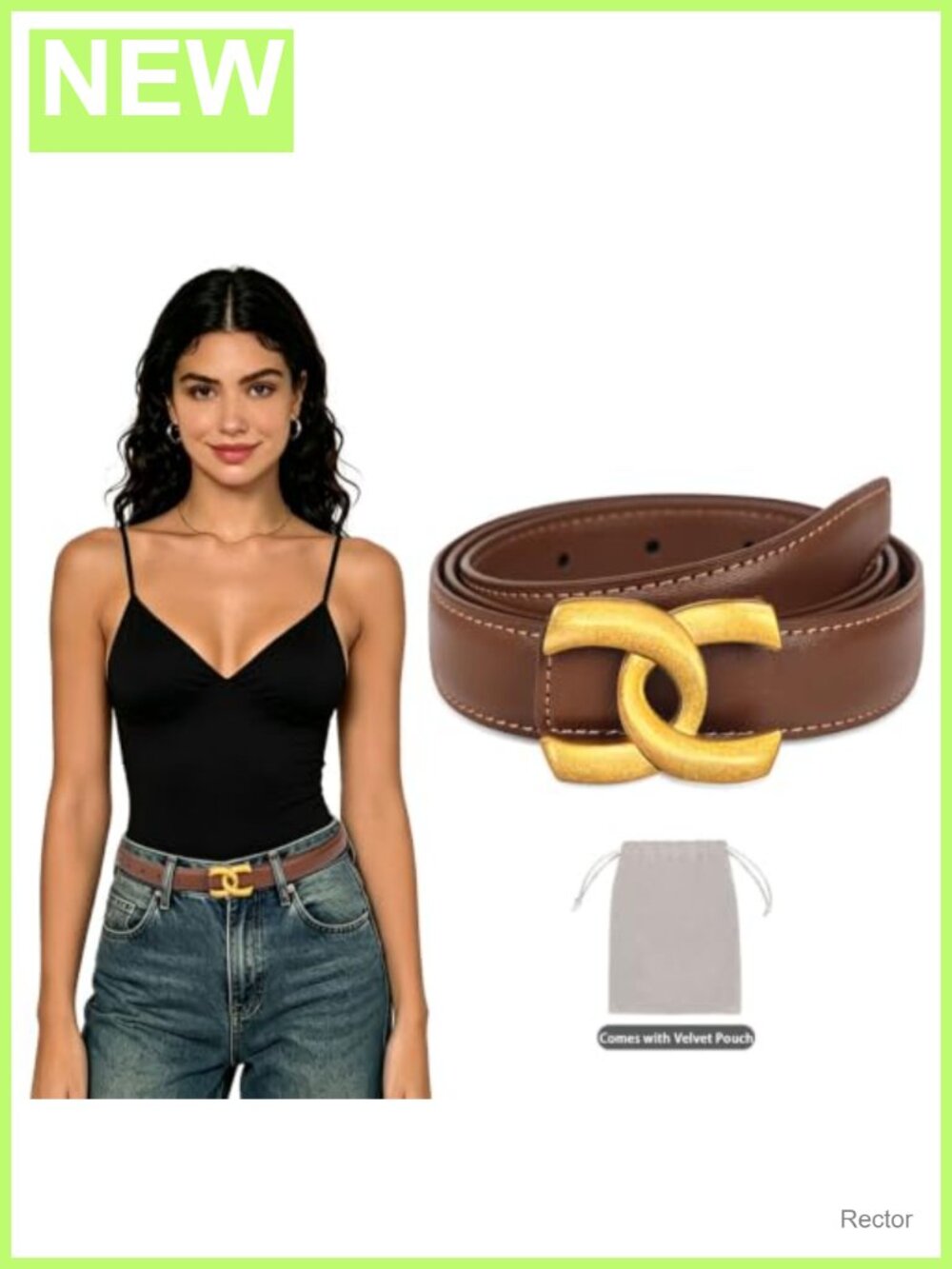 Women's Fashion Leather Belt with Gold Buckle, Adjustable, Ideal for Jeans,